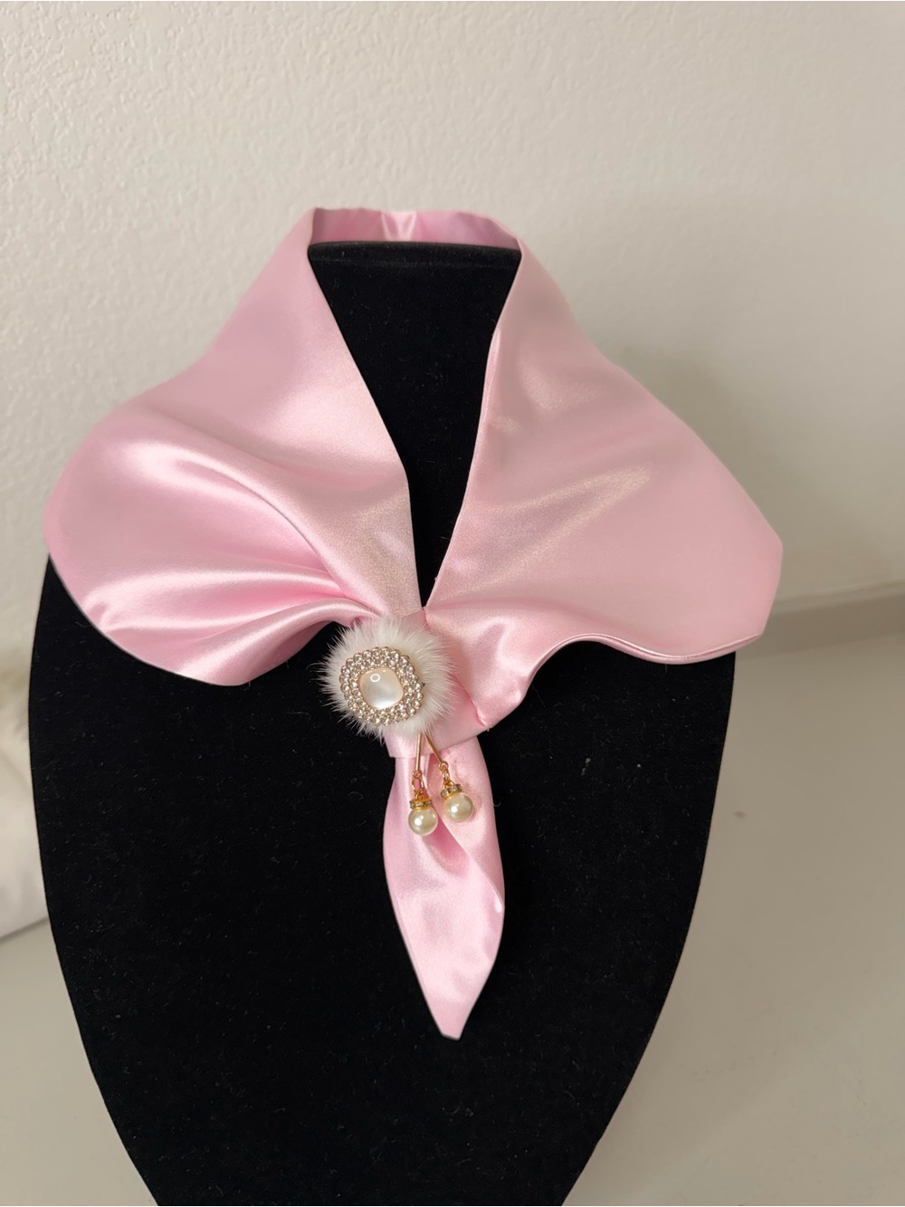 Elegant Pink Satin Neck Scarf with Pearl Brooch